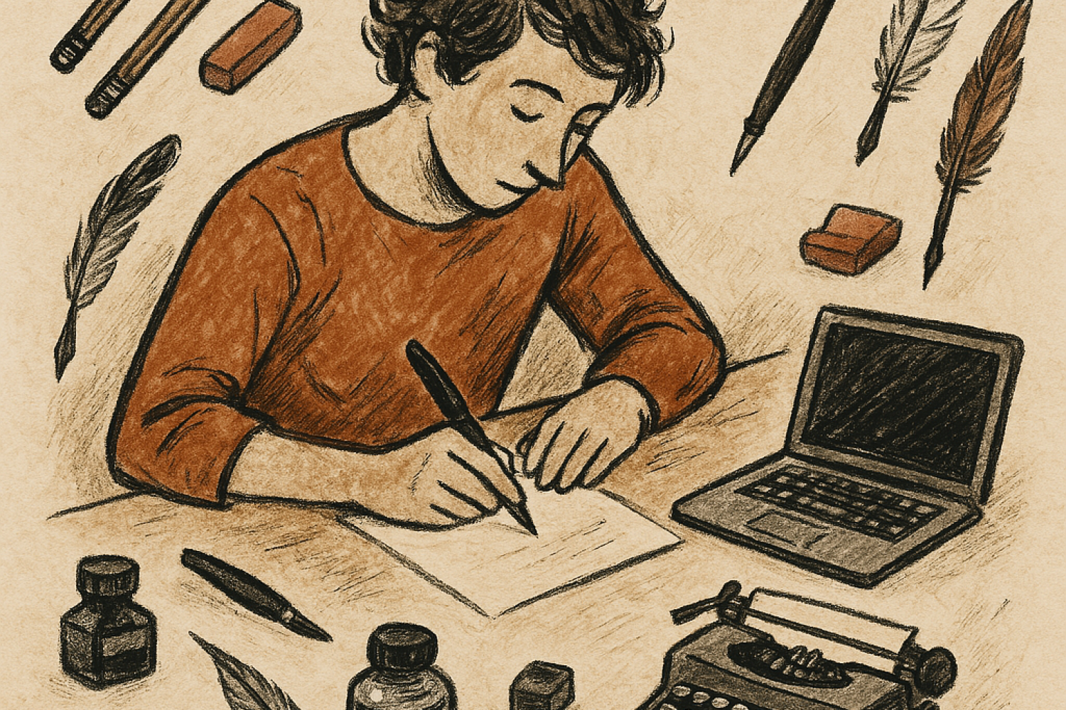 A wordless illustration of a person writing, surrounded by various traditional and modern writing to A wordless illustration of a person writing, surrounded by various traditional and modern writing to