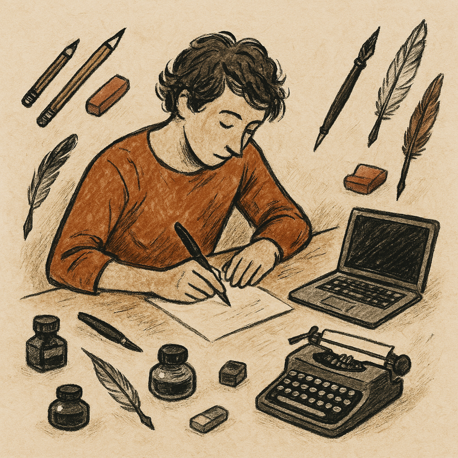 A wordless illustration of a person writing, surrounded by various traditional and modern writing to A wordless illustration of a person writing, surrounded by various traditional and modern writing to